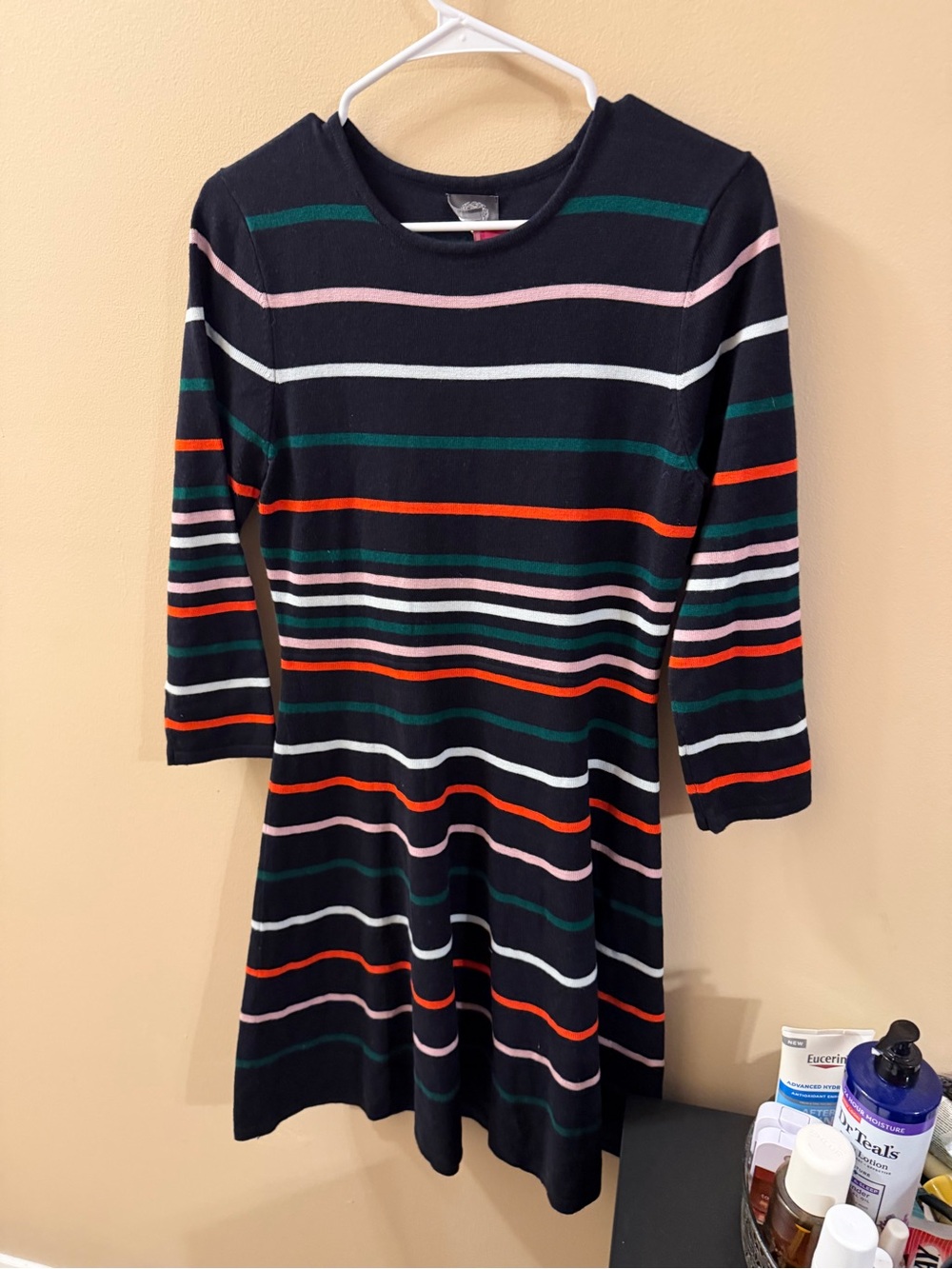 Vince Camuto Striped navy blue Knit Sweater Dress with Multicolor Stripes size L